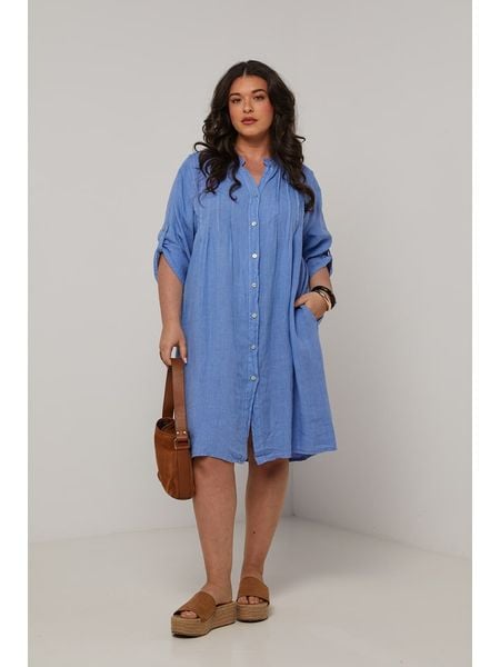 Curvy Lady Lniana sukienka w kolorze niebieskim rozmiar: 44/46. Niebieskie sukienki damskie Curvy Lady, bez wzorów, ze lnu, klasyczne, bez ramiączek. Za 173.45 zł.