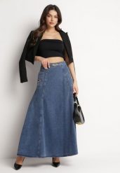 Granatowa Bawełniana Spódnica Jeansowa Maxi Rozkloszowana z Łańcuszkiem Zallire. Niebieskie spódnice damskie Born2be, s, bez wzorów, z bawełny, boho, maxi. Za 199.99 zł.
