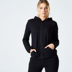 Bluza na zamek damska Domyos Gym & Pilates 100. Czarne bluzy damskie DOMYOS, s, bez wzorów, z bawełny, bez kaptura. Za 69.99 zł.