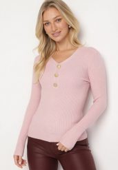 Jasnoróżowy Sweter z Bawełną z Prążkowanego Materiału Ozdobiony Guzikami Zinfera. Czerwone swetry klasyczne damskie Born2be, na zimę, z bawełny, bez kołnierzyka. Za 59.99 zł.