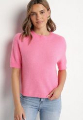 Różowy Sweter z Wełną z Krótkim Rękawem Dannoria. Czerwone swetry klasyczne damskie Born2be, uniwersalny, z jeansu, bez kołnierzyka. Za 149.99 zł.