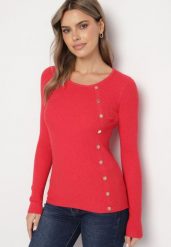 Czerwony Sweter Ozdobiony Metalowymi Napami Corettina. Czerwone swetry klasyczne damskie Born2be, m, z jeansu, bez kołnierzyka. Za 89.99 zł.
