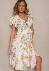 Beżowa Kopertowa Sukienka w Kwiaty Atesalia. Brązowe sukienki damskie Renee, bez wzorów, eleganckie, bez ramiączek. W wyprzedaży za 91.99 zł.