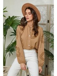 Lin Passion Lniana bluzka w kolorze jasnobrązowym rozmiar: 36/38. Brązowe bluzki damskie Lin Passion, bez wzorów, ze lnu, klasyczne, bez kołnierzyka, bez ramiączek. Za 121.99 zł.