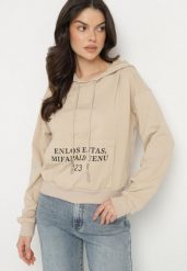 Beżowa Casualowa Bluza z Kapturem i Kieszonką Zelotia. Brązowe bluzy damskie Born2be, l, bez wzorów, z jeansu, z kapturem. Za 59.99 zł.