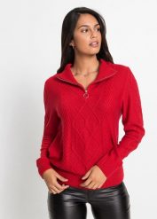 Sweter ze stójką we wzór w warkocze. Czerwone swetry klasyczne damskie bonprix, bez kołnierzyka. Za 99.99 zł.