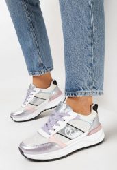 Biało-Srebrne Sneakersy z Siateczką i Zdobieniem z Brokatem Vilista. Białe obuwie sportowe damskie Born2be, bez zapięcia. Za 99.99 zł.