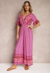 Fioletowy Kopertowy Kombinezon Bawełniany z Cienkimi Gumeczkami w Pasie Zapinany na Szyi Orithiama. Fioletowe sukienki damskie Renee, bez wzorów, z bawełny, eleganckie, bez ramiączek. W wyprzedaży za 39.99 zł.