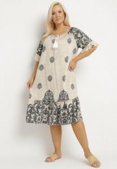 Ciemnoszara Wiskozowa Sukienka w Stylu Boho z Frędzlami i Falbankami Korilia. Szare sukienki damskie Born2be, bez wzorów, z materiału, boho, bez ramiączek. Za 119.99 zł.