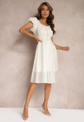 Jasnobeżowa Sukienka z Bufiastymi Rękawami i Gumką w Pasie o Rozkloszowanym Kroju Vikkitha. Brązowe sukienki damskie Renee, bez wzorów, eleganckie, bez ramiączek. Za 209.99 zł.