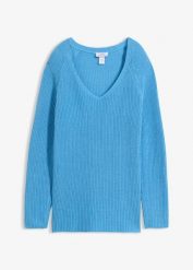 Prążkowany sweter z czystej bawełny. Niebieskie swetry klasyczne damskie bonprix, z bawełny, bez kołnierzyka. Za 114.99 zł.