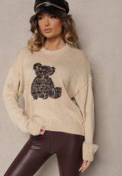 Beżowy Wiskozowy Sweter z Cekinami i Motywem Misia Nyrimi. Brązowe swetry klasyczne damskie Renee, z jeansu, bez kołnierzyka. Za 119.99 zł.