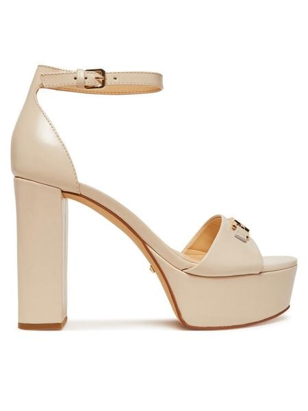 Guess Sandały FLJSET LEA03 Écru. Sandały damskie Guess, z aplikacjami, ze skóry, bez obcasa, na słupku, bez zapięcia. Za 839.99 zł.