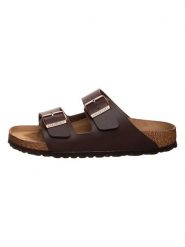Birkenstock Klapki "Arizona" w kolorze ciemnobrązowym rozmiar: 40. Brązowe klapki damskie Birkenstock, bez wzorów, z otwartym noskiem, bez obcasa, bez zapięcia. Za 285.95 zł.