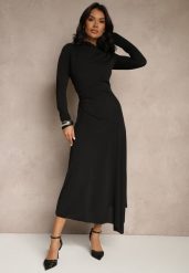 Czarna Asymetryczna Sukienka Koktajlowa z Ozdobnymi Guzikami Dralriti. Czarne sukienki damskie Renee, bez wzorów, eleganckie, bez ramiączek. W wyprzedaży za 127.99 zł.
