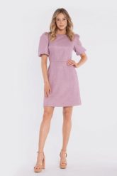 Elegancka sukienka koktajlowa z bufiastymi rękawami różowa. Czerwone sukienki damskie Stylove, bez wzorów, z materiału, eleganckie, bez ramiączek. Za 349.00 zł.