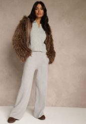 Szare Szerokie Spodnie Dzianinowe Ozdobione Sznurkami Meretusa. Szare spodnie materiałowe damskie Renee, bez wzorów, z dzianiny. Za 99.99 zł.