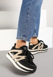 Czarno-Beżowe Sznurowane Sneakersy na Grubej Podeszwie z Paskami Innaretis. Czarne obuwie sportowe damskie Born2be, z materiału, bez zapięcia. Za 109.99 zł.