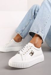 Białe Sneakersy ze Skóry Naturalnej na Grubej Podeszwie z Metalowym Detalem Evoniah. Białe obuwie sportowe damskie Renee, z jeansu, bez zapięcia. Za 159.99 zł.
