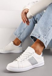Biało-Srebrne Sneakersy Sznurowane Ozdobione Brokatem Vistasta. Białe obuwie sportowe damskie Renee, z materiału, bez zapięcia. Za 69.99 zł.