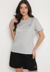 Jasnoszary T-shirt o Klasycznym Kroju z Ozdobnym Haftem Galerrena. Szare t-shirty damskie Born2be, l, bez wzorów, z jeansu, bez kołnierzyka. Za 29.99 zł.