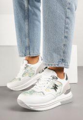 Biało-Zielone Sneakersy Ozdobione Metalicznymi Literami Divlirra. Białe obuwie sportowe damskie Renee, z jeansu, bez zapięcia. Za 89.99 zł.