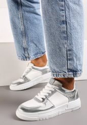 Biało-Srebrne Sneakersy na Grubej Podeszwie ze Wstawkami z Brokatu Bizzala. Białe obuwie sportowe damskie Born2be, bez zapięcia, trekkingowe. Za 54.99 zł.