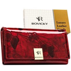 Duży, czerwony portfel damski z lakierowanej skóry naturalnej z systemem RFID Rovicky RH-22-1-DBF. Czerwone portfele damskie bez wzorów, ze skóry. Za 84.00 zł.