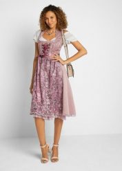 Sukienka w ludowym stylu, z fartuchem (2 części). Czerwone sukienki damskie bonprix, bez wzorów, z żakardem, bez ramiączek. Za 659.99 zł.