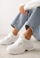 Białe Sneakersy na Grubej Podeszwie z Koronkowymi Wstawkami i Cyrkoniami Sephialle. Białe obuwie sportowe damskie Born2be, z dresówki, bez zapięcia, trekkingowe. Za 119.99 zł.