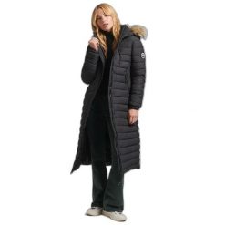 Długa i lekka kurtka puchowa z kapturem ze sztucznym futrem dla kobiet Superdry. Czarne kurtki damskie Superdry, xs, bez wzorów, prążkowane, z kapturem. Za 508.50 zł.