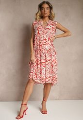Czerwona Rozkloszowana Sukienka z Bawełny w Geometryczny Wzór Annilessa. Czerwone sukienki damskie Renee, bez wzorów, z bawełny, eleganckie, bez ramiączek. W wyprzedaży za 39.99 zł.
