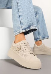 Beżowe Sneakersy na Platformie z Ażurowym Zdobieniem i Aplikacją Dalirnna. Brązowe obuwie sportowe damskie Renee, z jeansu, bez zapięcia. Za 74.99 zł.