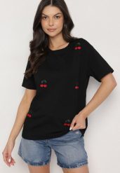 Czarny Bawełniany T-shirt Zdobiony Haftem z Motywem w Wiśnie Nevianira. Czarne t-shirty damskie Born2be, m, z aplikacjami, z bawełny, bez kołnierzyka. Za 39.99 zł.