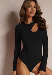 Czarne Body z Wycięciem i Długim Rękawem Ollisma. Czarne body i gorsety Renee, bez wzorów. Za 79.99 zł.