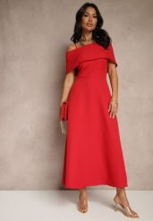 Czerwona Rozkloszowana Sukienka na Ramiączkach z Wywiniętym Dekoltem Jenavitia. Czerwone sukienki damskie Renee, bez wzorów, eleganckie, bez ramiączek. W wyprzedaży za 111.99 zł.