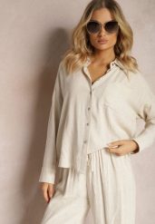 Beżowa Klasyczna Koszula z Wiskozy i Lnu Vistar. Brązowe koszule damskie Renee, l, bez wzorów, z jeansu, eleganckie, bez kołnierzyka, bez ramiączek. Za 99.99 zł.