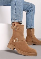 Brązowe Botki z Ekozamszu ze Stylowymi Klamrami i Paseczkami przy Cholewce Nevalune. Brązowe botki damskie Renee, z jeansu, eleganckie, z okrągłym noskiem, bez obcasa, na płaskiej podeszwie, bez zapięcia. Za 129.99 zł.