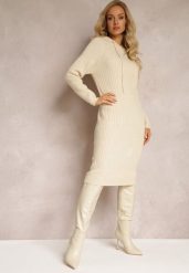 Beżowa Wełniana Sukienka w Prążki z Kapturem Opiuda. Brązowe sukienki damskie Renee, bez wzorów, z wełny, eleganckie, bez ramiączek. W wyprzedaży za 95.99 zł.