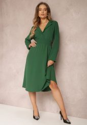 Zielona Koszulowa Sukienka Midi z Gumką w Pasie Natelin. Zielone sukienki damskie Renee, bez wzorów, eleganckie, bez ramiączek. W wyprzedaży za 95.99 zł.