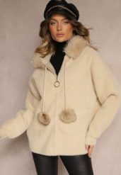 Beżowa Bluza z Wełną Wiskozą Kapturem Odpinanym Futerkiem i Pomponami Delailith. Brązowe bluzy damskie Renee, l, bez wzorów, z jeansu. Za 169.99 zł.