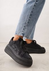 Czarne Koronkowe Sneakersy na Platformie z Tłoczeniem i Brokatem Phisnell. Czarne obuwie sportowe damskie Renee, z koronki, bez zapięcia. Za 119.99 zł.