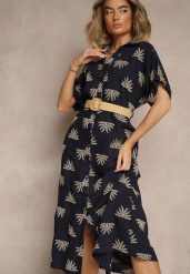 Granatowa Wiskozowa Sukienka o Koszulowym Kroju z Haftem i Paskiem z Klamrą Lioessa. Niebieskie sukienki damskie Renee, bez wzorów, z wiskozy, eleganckie, bez ramiączek. W wyprzedaży za 127.99 zł.