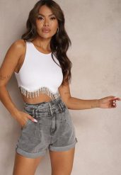 Szare Szorty Denimowe High Waist z Bawełny Pemorea. Szare szorty damskie Renee, bez wzorów, z bawełny, z podwyższonym stanem. Za 39.99 zł.