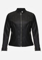 Czarna Kurtka Ramoneska o Klasycznym Kroju ze Stójką na Nap Zeaniel. Czarne kurtki damskie Born2be, plus size, bez wzorów, z jeansu, bez kaptura. Za 99.99 zł.