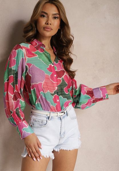 Różowo-Zielona Koszula z Długim Rękawem i Szerokimi Mankietami Zapinana na Guziki Comenna. Czerwone koszule damskie Renee, l, bez wzorów, z wiskozy, biznesowe, bez kołnierzyka, bez ramiączek. Za 129.99 zł.