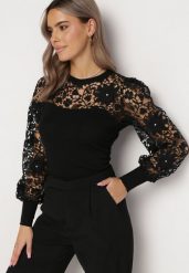Czarna Bluzka z Długim Rękawem i Koronką Brinza. Czarne bluzki damskie Born2be, s, bez wzorów, z koronki, eleganckie, bez kołnierzyka, bez ramiączek. Za 139.99 zł.