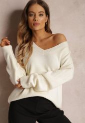 Biały Sweter z Wiskozy Oversize Conime. Białe swetry klasyczne damskie Renee, uniwersalny, z jeansu, bez kołnierzyka. Za 99.99 zł.