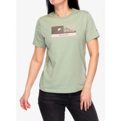 Koszulka z nadrukiem damska Columbia Delta Drift Graphic Short Sleeve. Zielone koszulki sportowe damskie Columbia, bez wzorów, bez ramiączek. Za 135.99 zł.