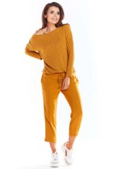 Kamelowy Dzianinowy Sweter w Łódkę o Kroju Oversize. Brązowe swetry klasyczne damskie Awama, l, z dzianiny, bez kołnierzyka. Za 169.90 zł.